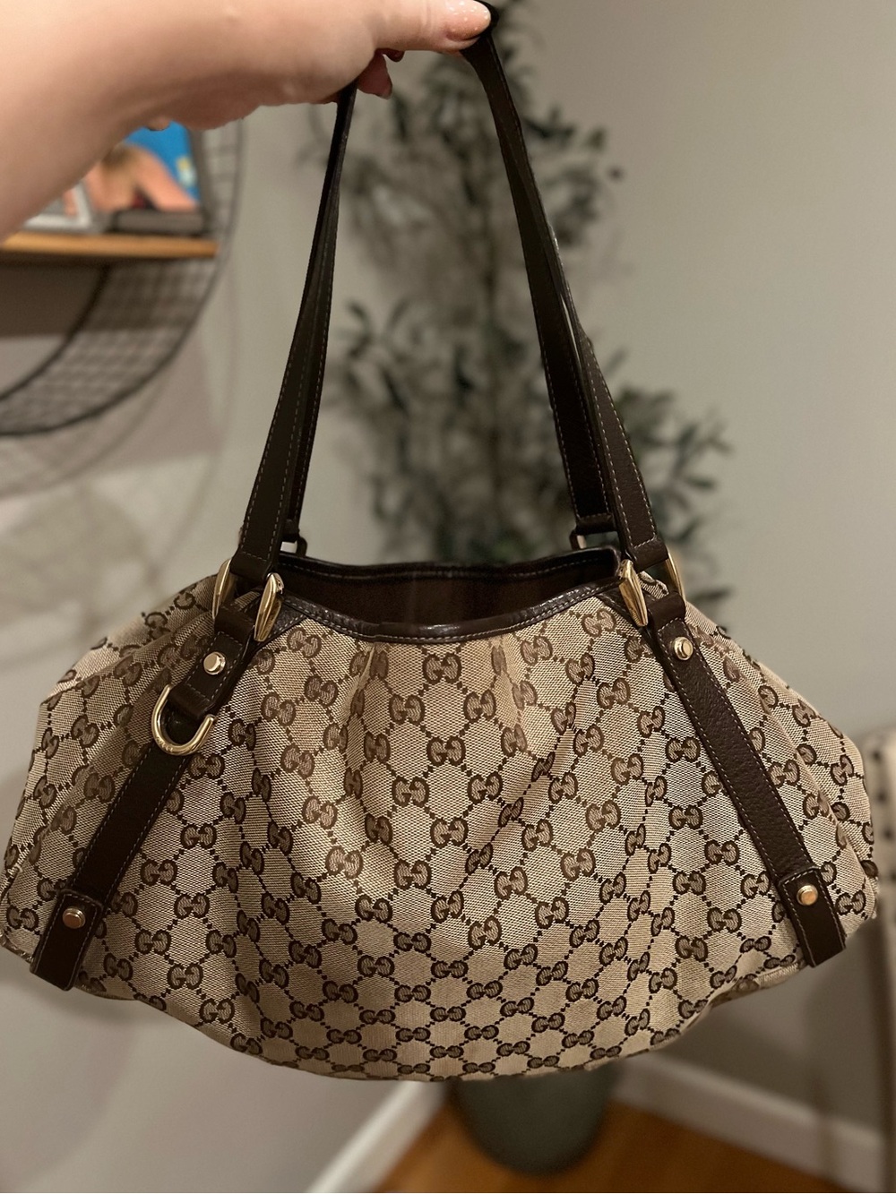 Gucci Abbey GG Canvas Brown Leather Hobo Bag (Style 130736)